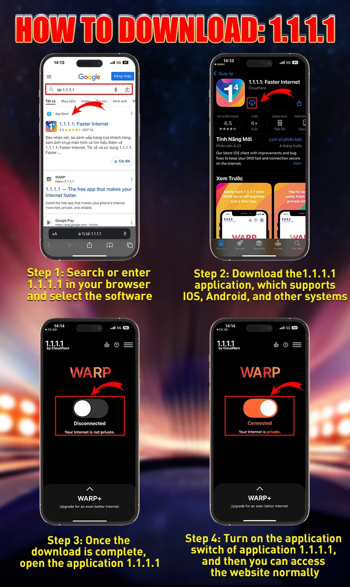Paano i-download ang 1.1.1.1 — apat na hakbang: maghanap, mag-download, buksan ang app, i-on ang WARP